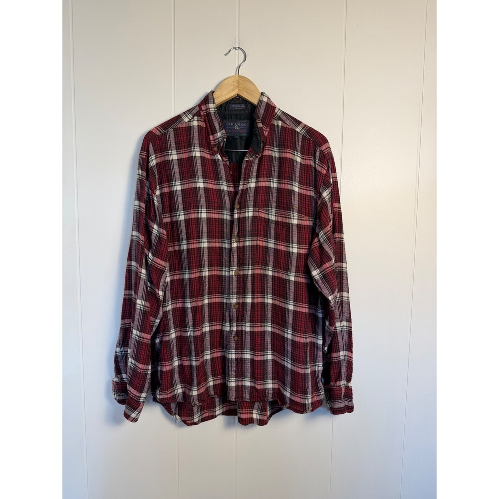 Vintage Coleman Flannel Shirt L Red Plaid Cotton Button Down Long Sleeve